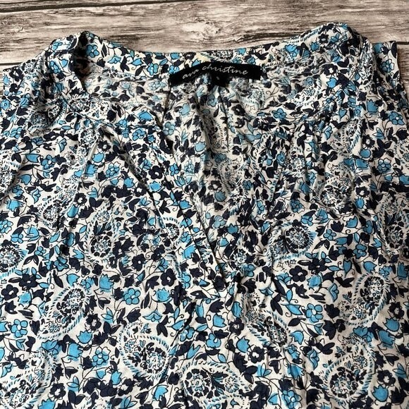 Ava Christine Floral Rayon VNeck Summer Blouse S SM Small White Blue Lightweight - Picture 5 of 11